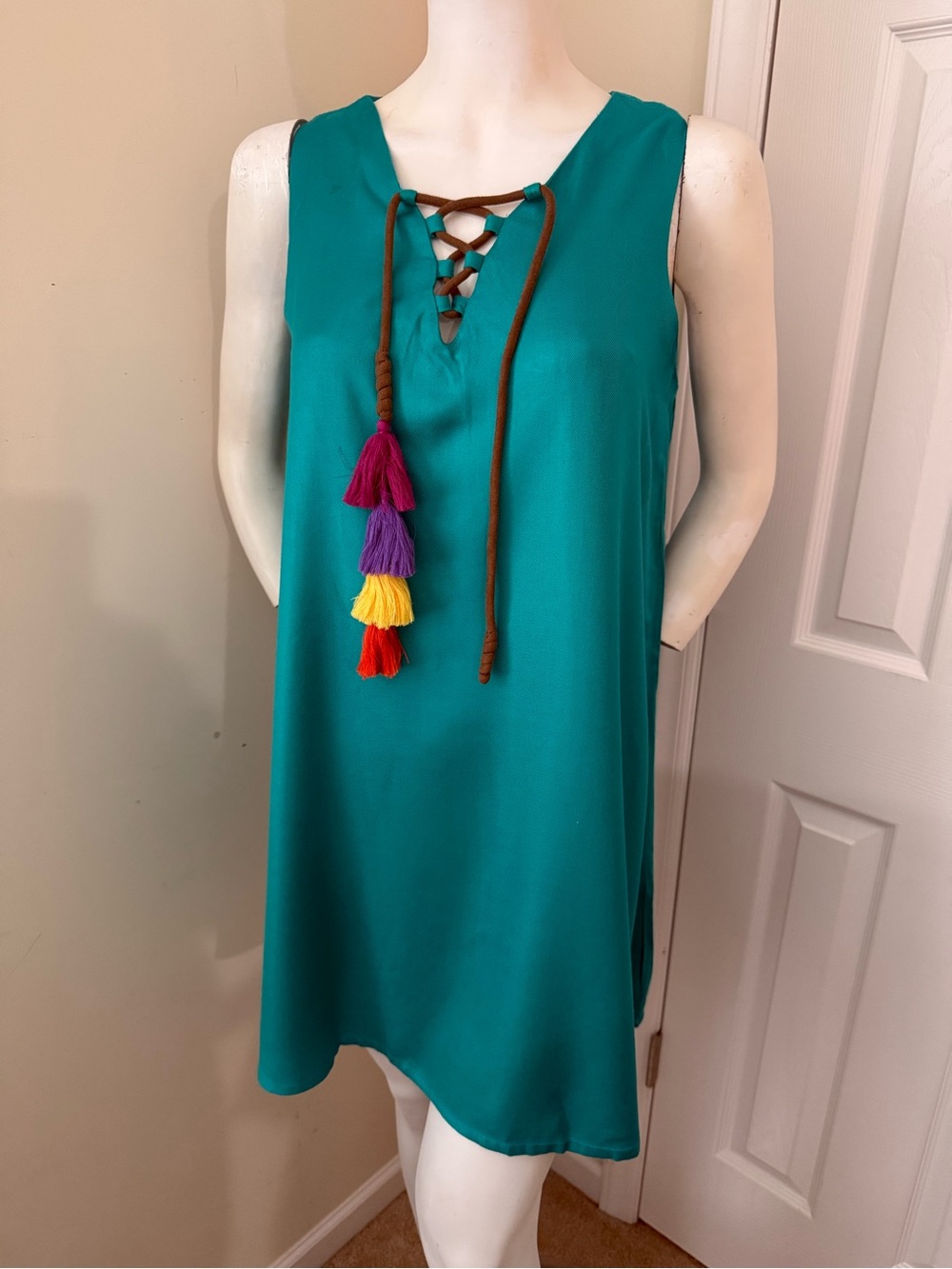 Turquoise Shift Dress with Brown Trim - Judith March